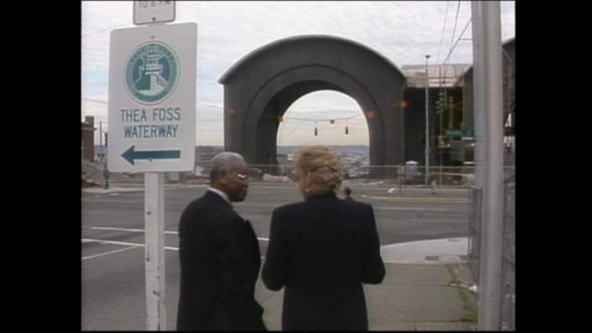 In this still image from video in the TV Tacoma archives, former Tacoma Mayor Harold Moss looks at the Washington State History Museum during early construction. The segment is included in the show Destiny City Rewind, which commemorates 40 years of TV Tacoma.
