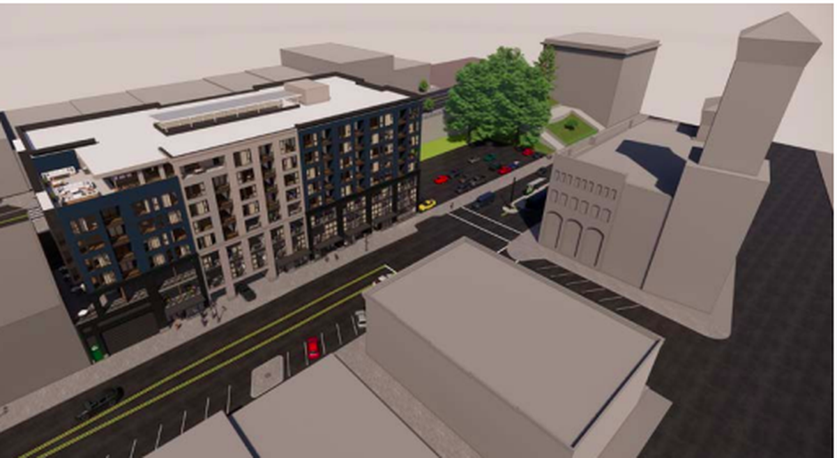 Basic outlines of what a new mixed-use apartment building would look like near Old City Hall in Tacoma in a rendering submitted to the city’s Landmarks Preservation Commission.