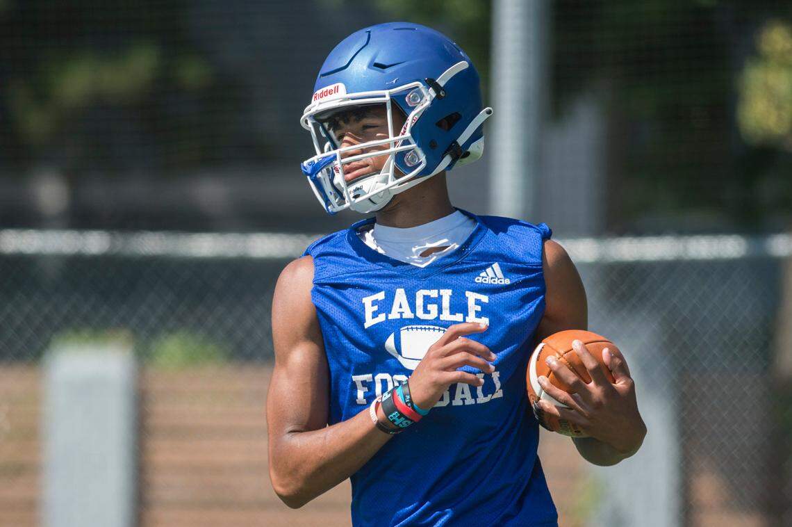 Federal Way High School defensive back Jaylon Jenkins on the first day of practice on Wednesday, Aug. 17, 2022 in Federal Way, Wash.