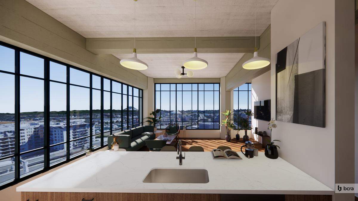 This rendering shows an example of an apartment converted from the former office space at the newly named Sandberg on the Ave, 1423 Pacific Ave.