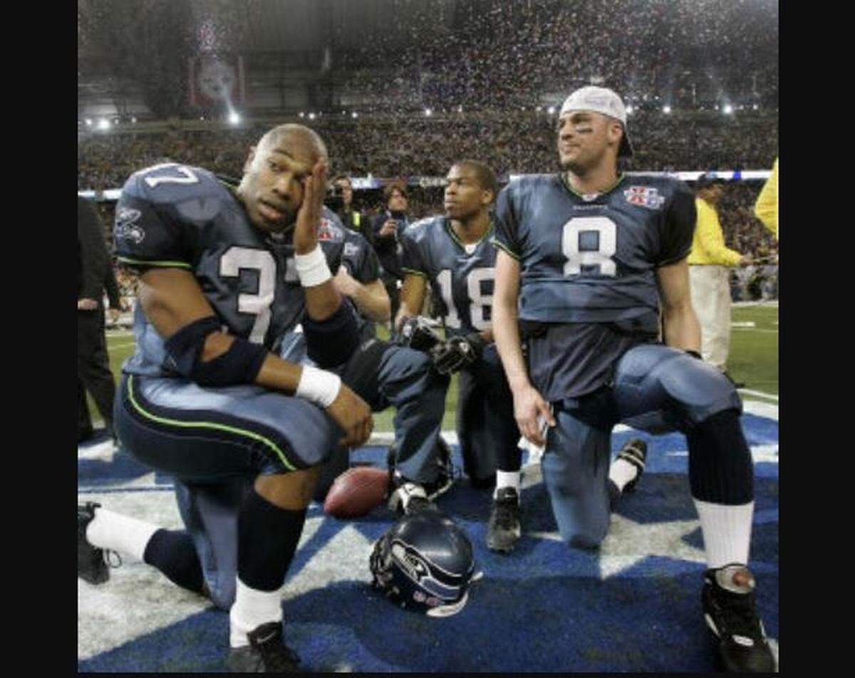 Shaun Alexander and Matt Hasselbeck at Super Bowl 40 in Detroit that their Seahawks lost to the Pittsburgh Steelers in February, 2006.