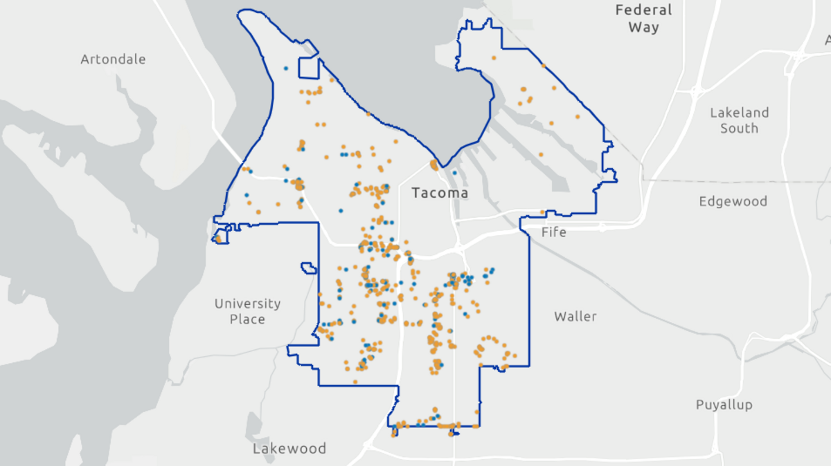 The dots indicate where reports related to homelessness were made in non-prohibited areas from Jan. 1, 2026 to March 19, 2026.