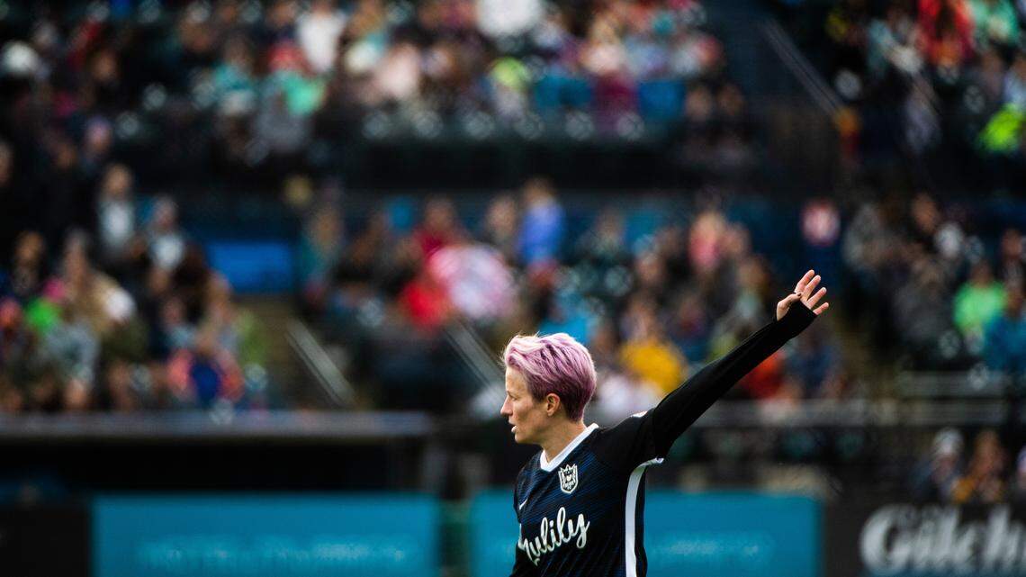 Reign FC forward Megan Rapinoe (15) calls for the ball during the second half. Reign FC played Portland Thorns FC in a NWSL soccer match at Cheney Stadium in Tacoma, Wash., on Sunday, Sept. 29, 2019.