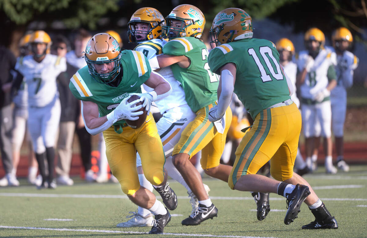 Tumwater lineback Cash Short comes up with an Sehome interception during Satuday afternoon’s state playoff game at Tumwater District Stadium in Tumwater, Washington, on Friday, Nov. 23, 2024. Tumwater won the game, 70-7, to advance to the state semifinals.