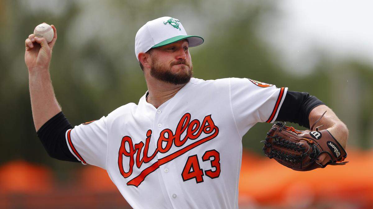 Baltimore Orioles relief pitcher Mike Wright (43) works against the New York Yankees in the first inning of a spring training baseball game Sunday, March 17, 2019, in Sarasota, Fla.