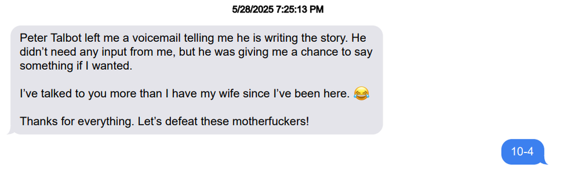 Pierce County Sheriff Keith Swank’s text message, in gray, was one of a little over four dozen that weren’t included in what he gave a public records officer Sept. 15 2025,. The message was sent to Joan Mell, a private attorney temporarily barred from representing Swank in official business.