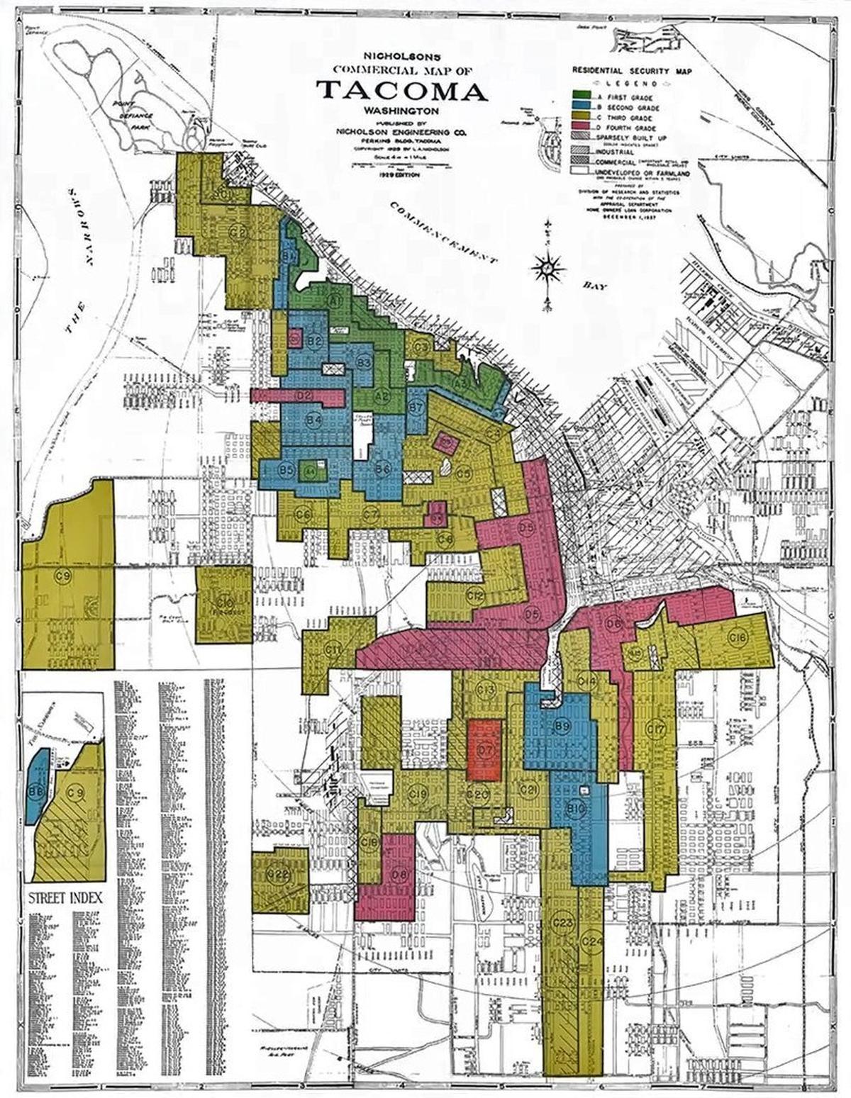 A color-coded map commissioned by the Federal Government in 1930s helped guide homebuyers and banks to the most desirable neighborhoods in Tacoma, Wash. Areas in blue indicate the most desirable locations, which were almost exclusively white.