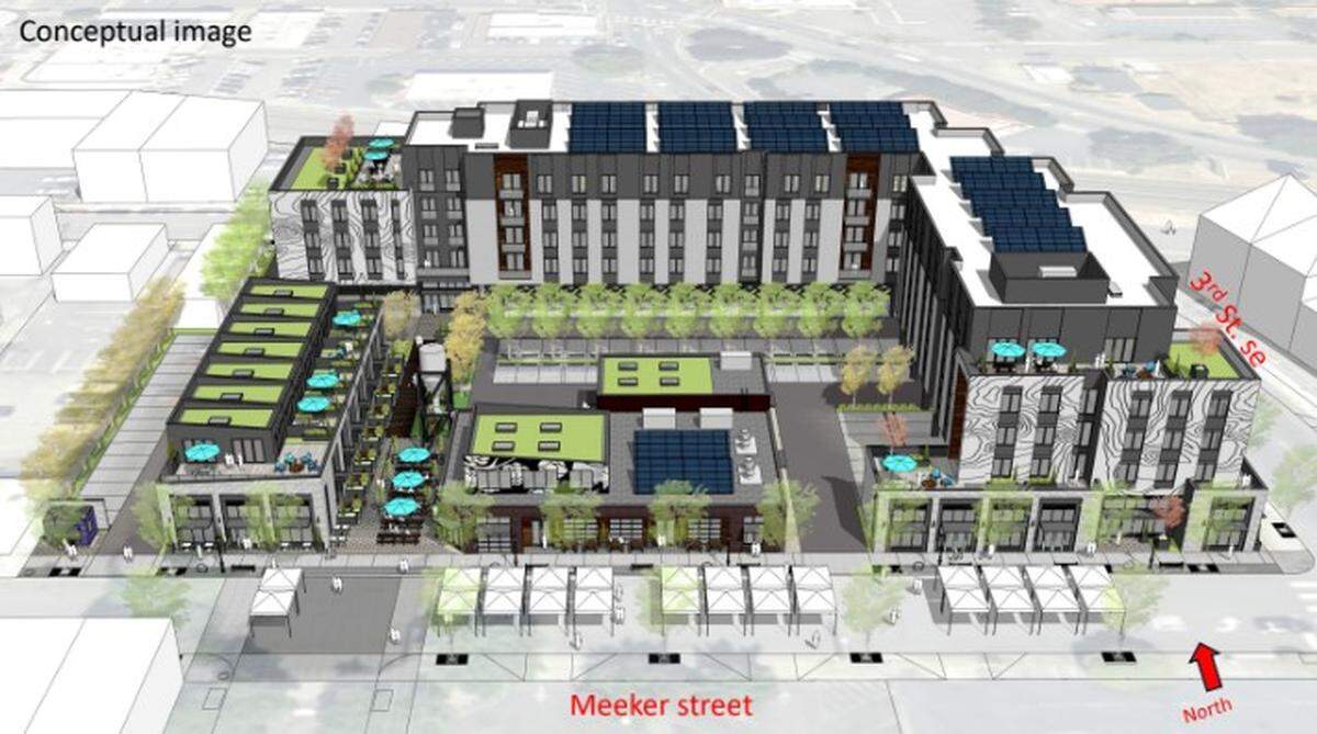Early conceptual renderings give a rough idea of what the Palindrome Communities mixed-use project in downtown Puyallup could look like.