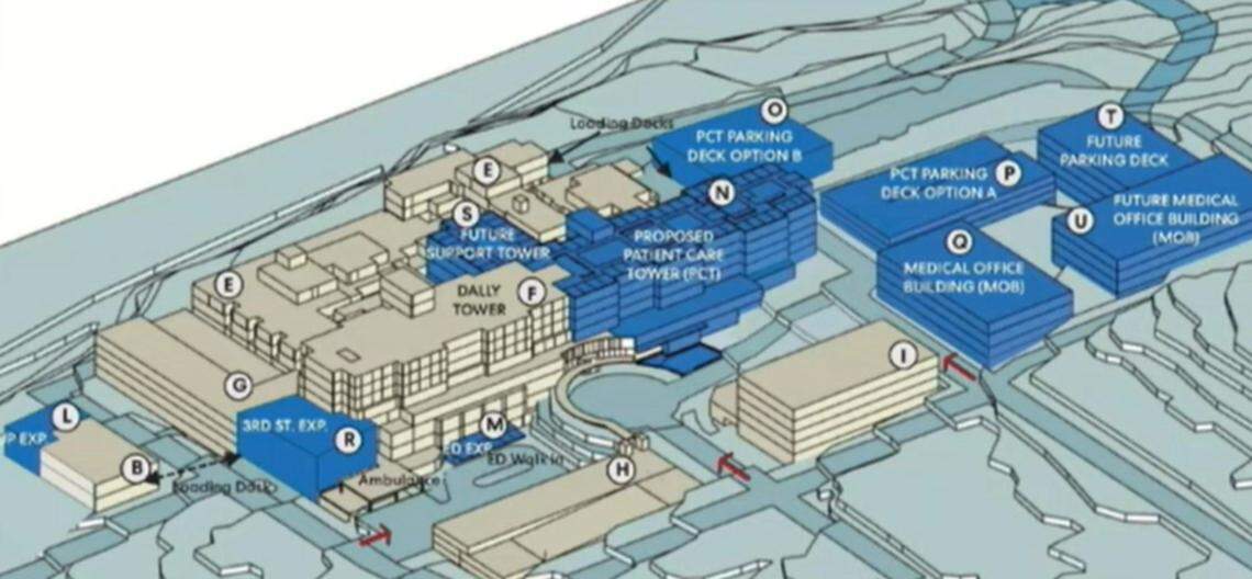 A rendering of the Good Samaritan Hospital plan, after all four phases are complete. New developments are in blue and existing developments are in beige. The new patient care tower is the “N” option, and only one of the parking decks -- listed as “P” and “O” -- will be built.