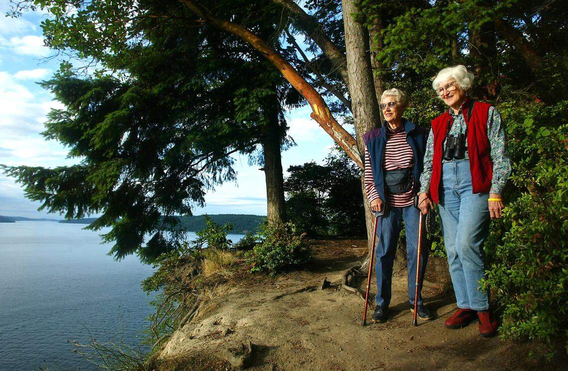 Thelma Gilmur, left, and Helen Engle were active in Point Defiance Park conservation for years. Their efforts helped keep most of the park’s 702 acres a natural oasis, including this view of Dalco Passage.