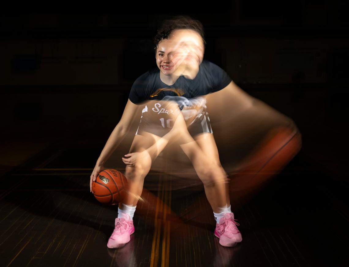 Sumner junior Olivia Collins, The News Tribune’s 2025 All-Area girls basketball player of the year, poses for a portrait at Sumner High School, on Sunday, March 23, 2025, in Sumner.
