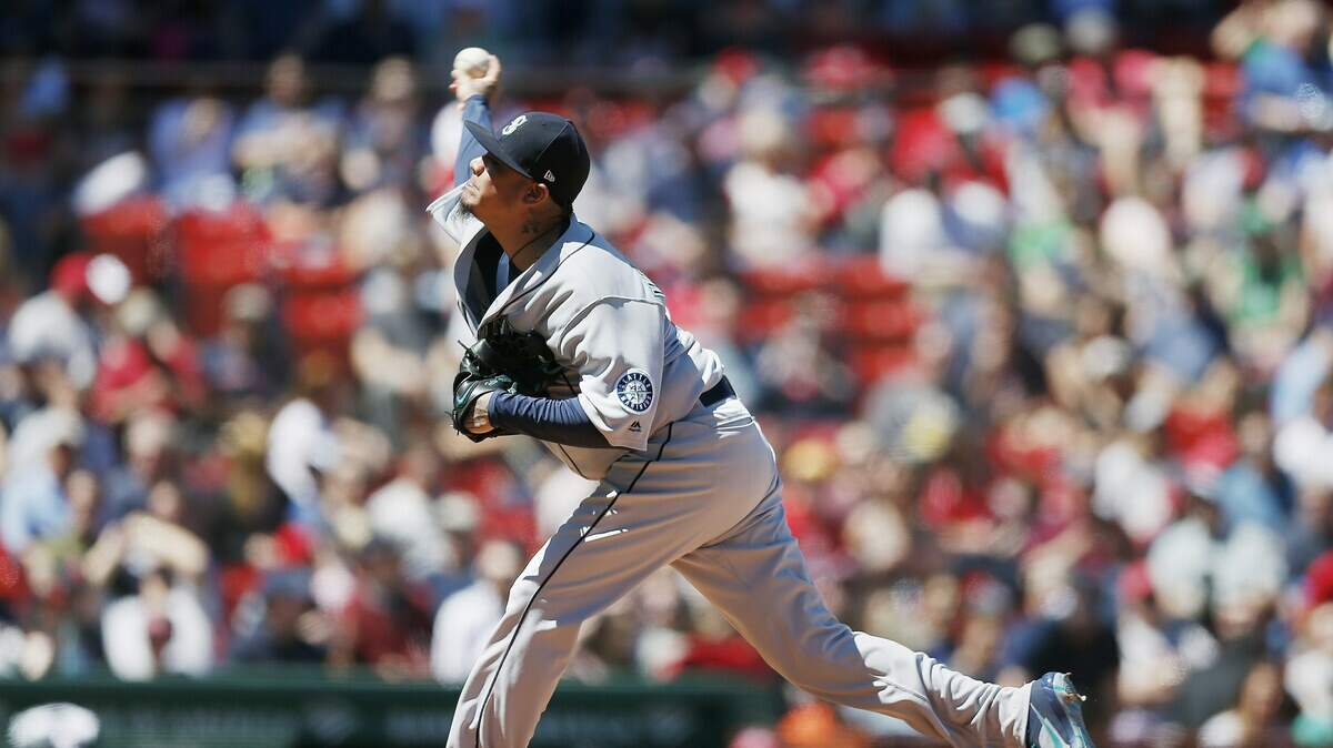 Seattle Mariners’ Felix Hernandez pitches during the first inning of a baseball game against the Boston Red Sox in Boston, Saturday, May 11, 2019.