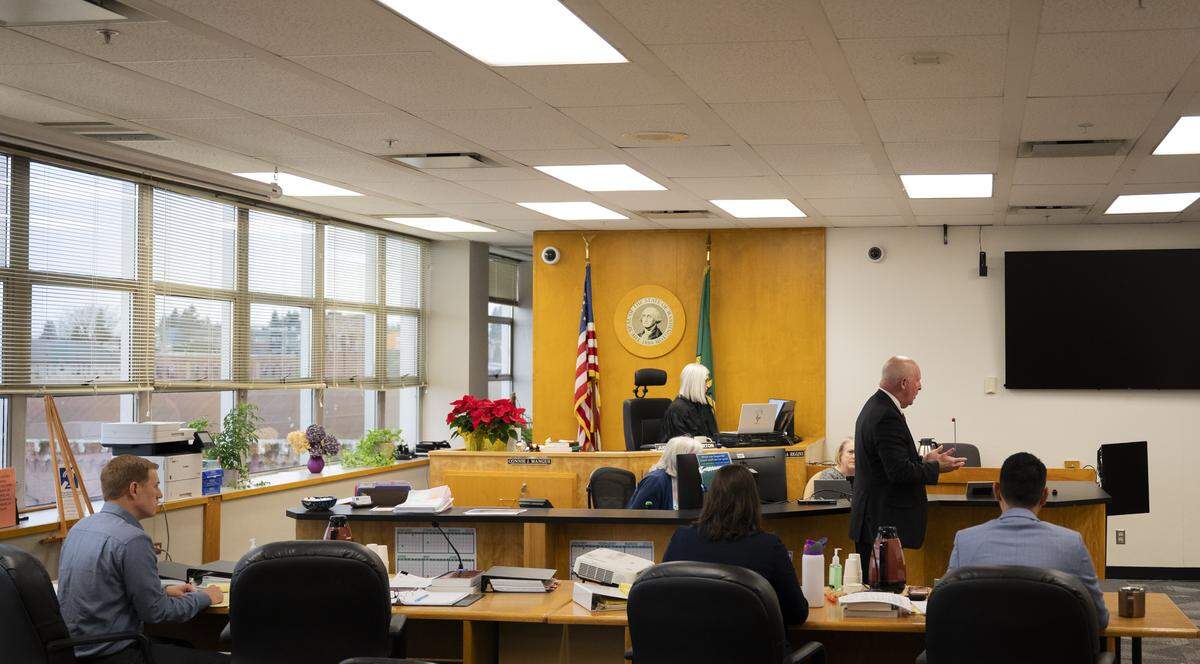 Defense attorney Brett Purtzer gives an opening statement during the trail of Jordan Henderson, who was charged with 12 counts of first-degree child molestation on his former students, at Pierce County Superior Court, on Tuesday, Dec. 9, 2025, in Tacoma, Wash.