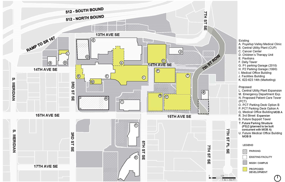 A map of Good Samaritan Hospital’s master plan. The new patient tower is the building labeled ‘N.’