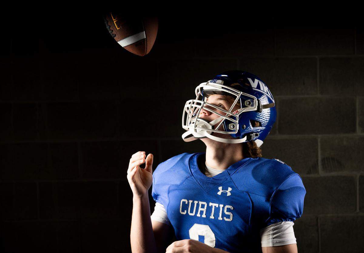 Curtis junior wide receiver Parker Mady poses for a portrait after being selected as first-team offense for The News Tribune’s 2023 All-Area football team at Mount Tahoma High School, on Sunday, Dec. 10, 2023, in Tacoma, Wash.