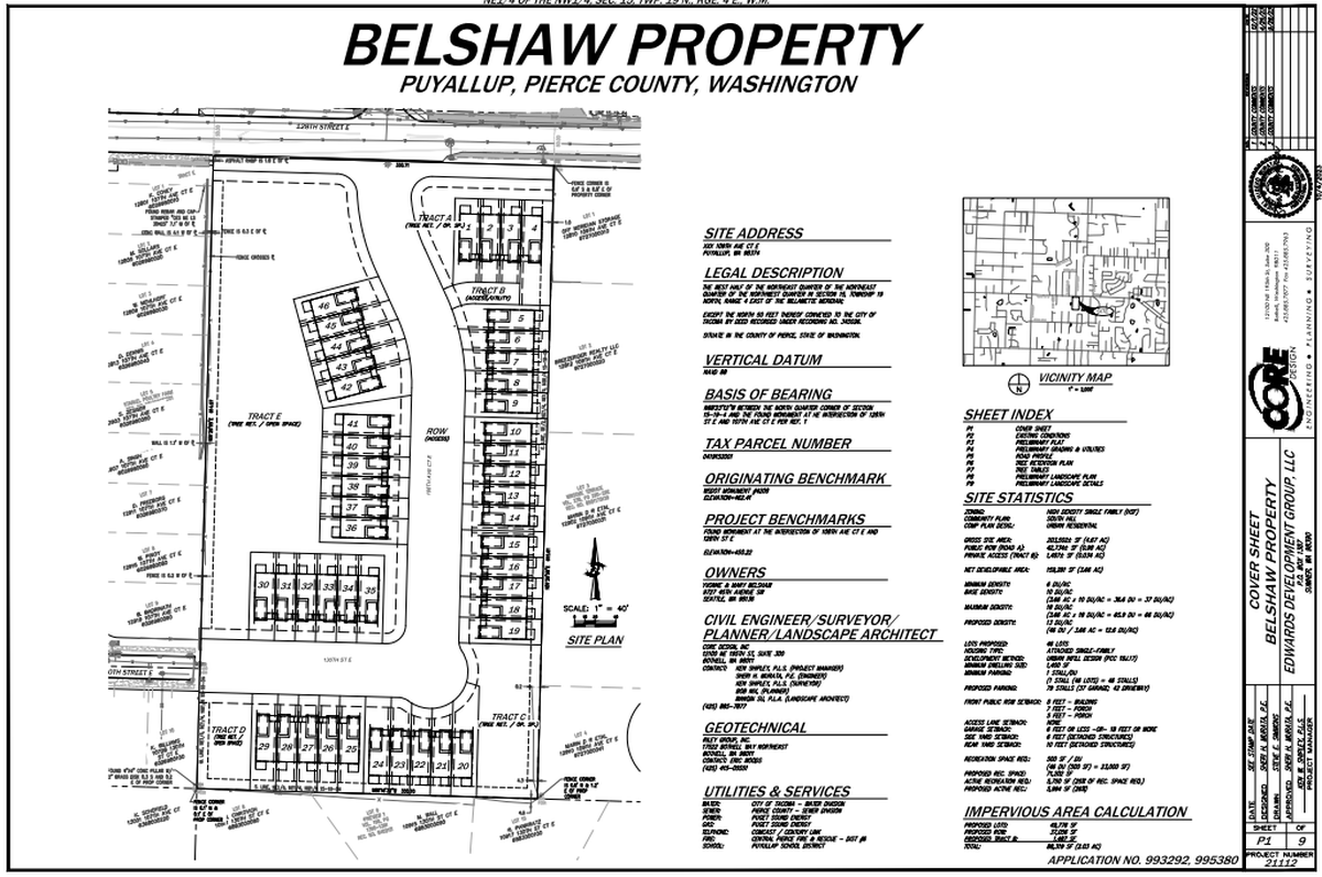 A developer plans to build 46 homes at 10798 128th St. in South Hill, according to Pierce County records.