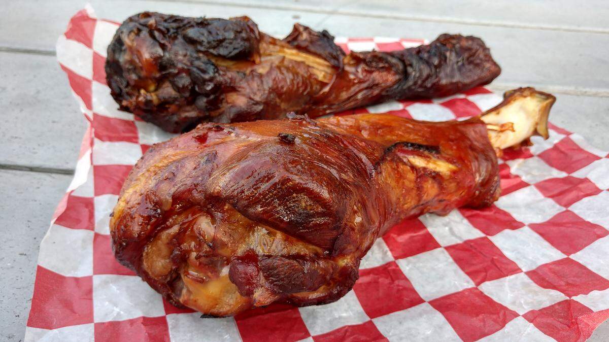 Pictured here are turkey legs from Big Mama’s Meat Shack (front) and BBQ Pete’s (rear). Find the turkey legs at the Washington State Fair in Puyallup.