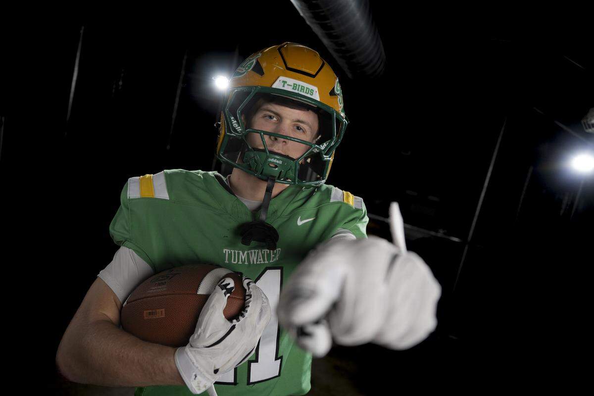 Tumwater junior all-purpose athlete Grady Wall poses for a portrait after being selected as first-team offense for The News Tribune’s 2025 All-Area football team at Mount Tahoma High School, on Sunday, Dec. 7, 2025, in Tacoma, Wash.