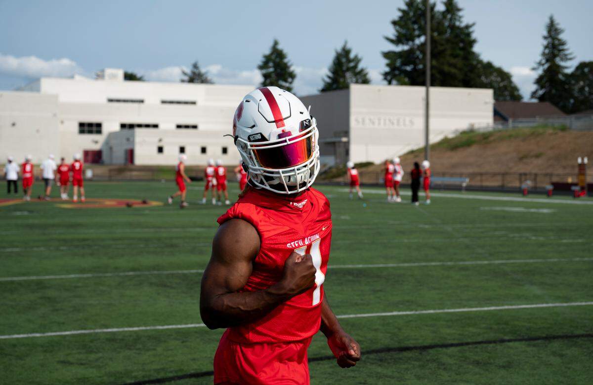 Steilacoom’s Jaycion Cain runs drills during a practice at Steilacoom High School, Wednesday, Aug. 23, 2023, in Steilacoom, Wash.
