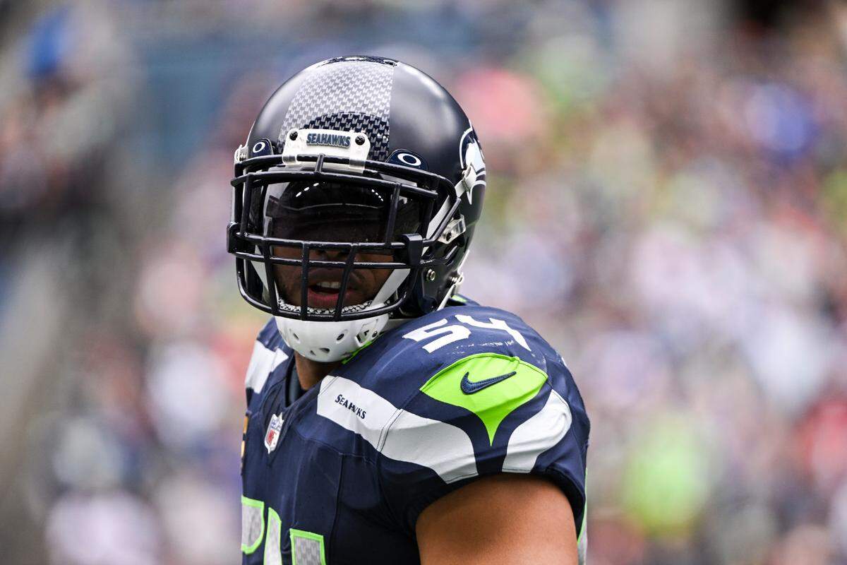 Seattle Seahawks linebacker Bobby Wagner (54) reacts to a play against the Arizona Cardinals during the first quarter of the game at Lumen Field, Sunday, Oct. 22, 2023, in Seattle, Wash.