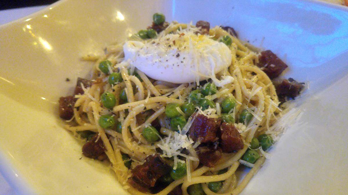Carbonara with a poached egg on top from Napoli Italiano in South Hill.