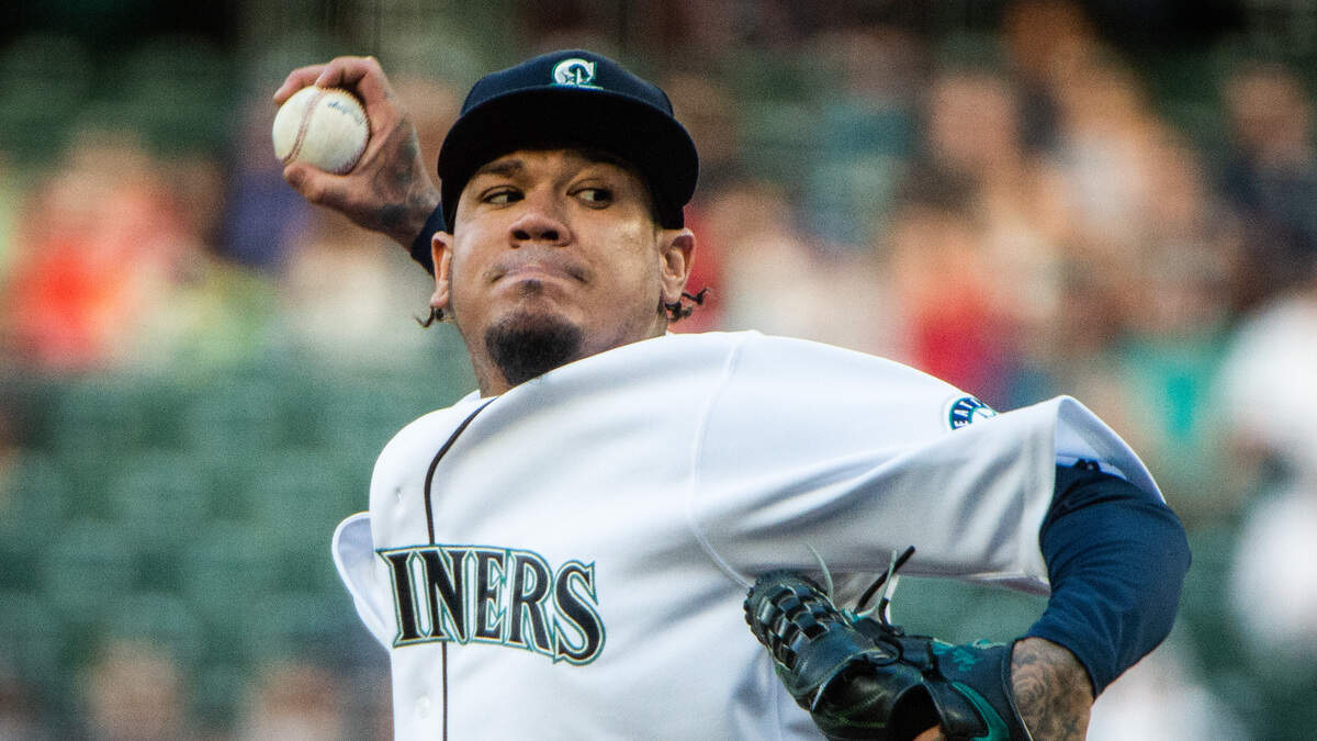 Seattle’s Felix Hernandez pitches in the fourth inning. The Seattle Mariners played the Houston Astros in a Major League Baseball game at T-Mobile Park in Seattle, Wash., on Saturday, April 13, 2019. 