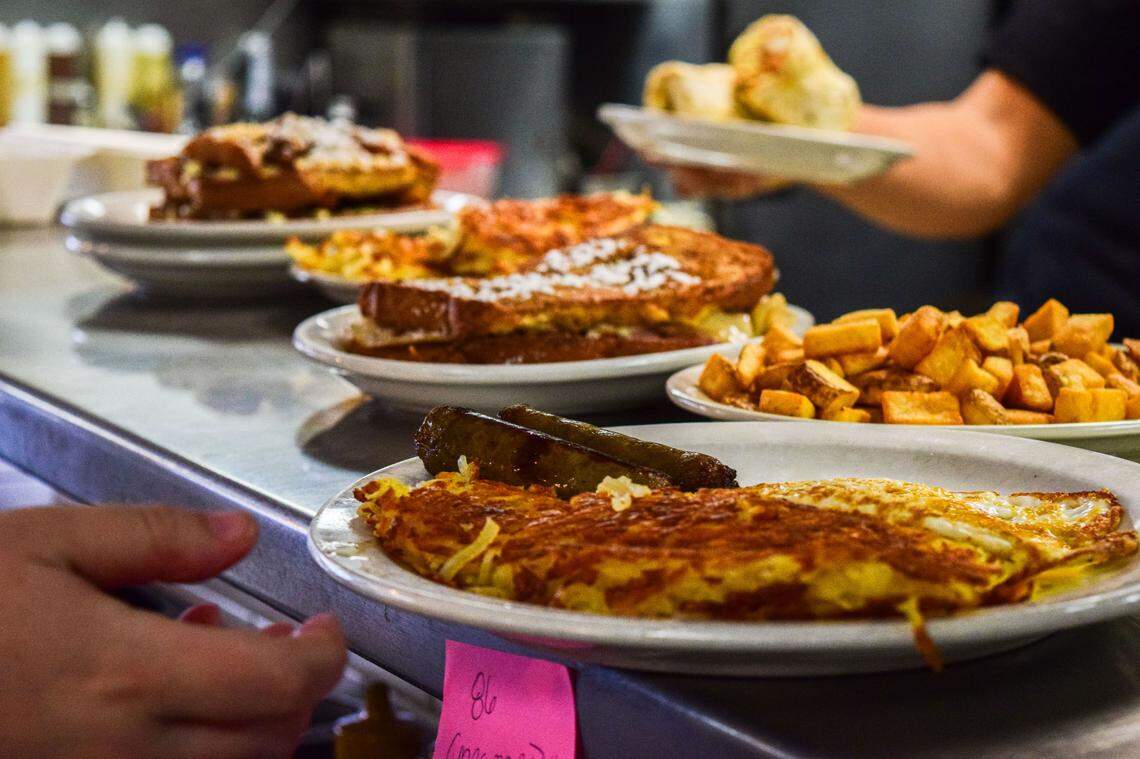 French toast, pancakes, hashbrowns and omelettes often leave the kitchen pass, but the menu also offers a diner-style burger, sandwiches and salads.