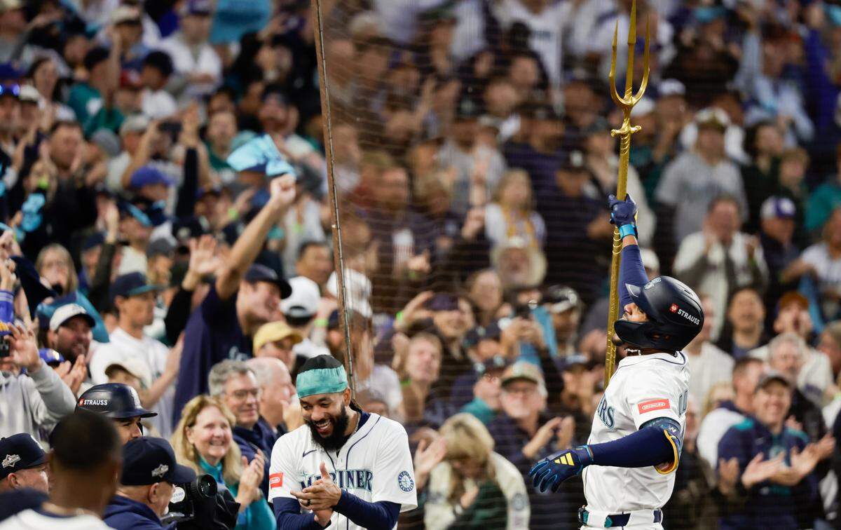 Oct 4, 2025; Seattle, Washington, USA; Seattle Mariners outfielder Julio Rodríguez (44) celebrates after hitting a home run during the fourth inning against the Detroit Tigers during game one of the ALDS round for the 2025 MLB playoffs at T-Mobile Park. Mandatory Credit: Joe Nicholson-Imagn Images
