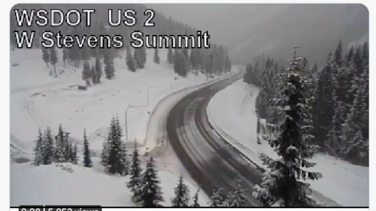 A screen shot from a traffic camera on U.S. Route 2 Friday evening showed the wintry conditions in the Stevens Pass area.
