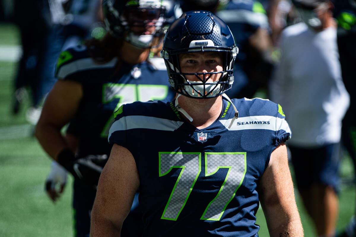 Ethan Pocic before the game. The Seattle Seahawks played a mock game at CenturyLink Field in Seattle, Wash., on Wednesday, Aug. 26, 2020.