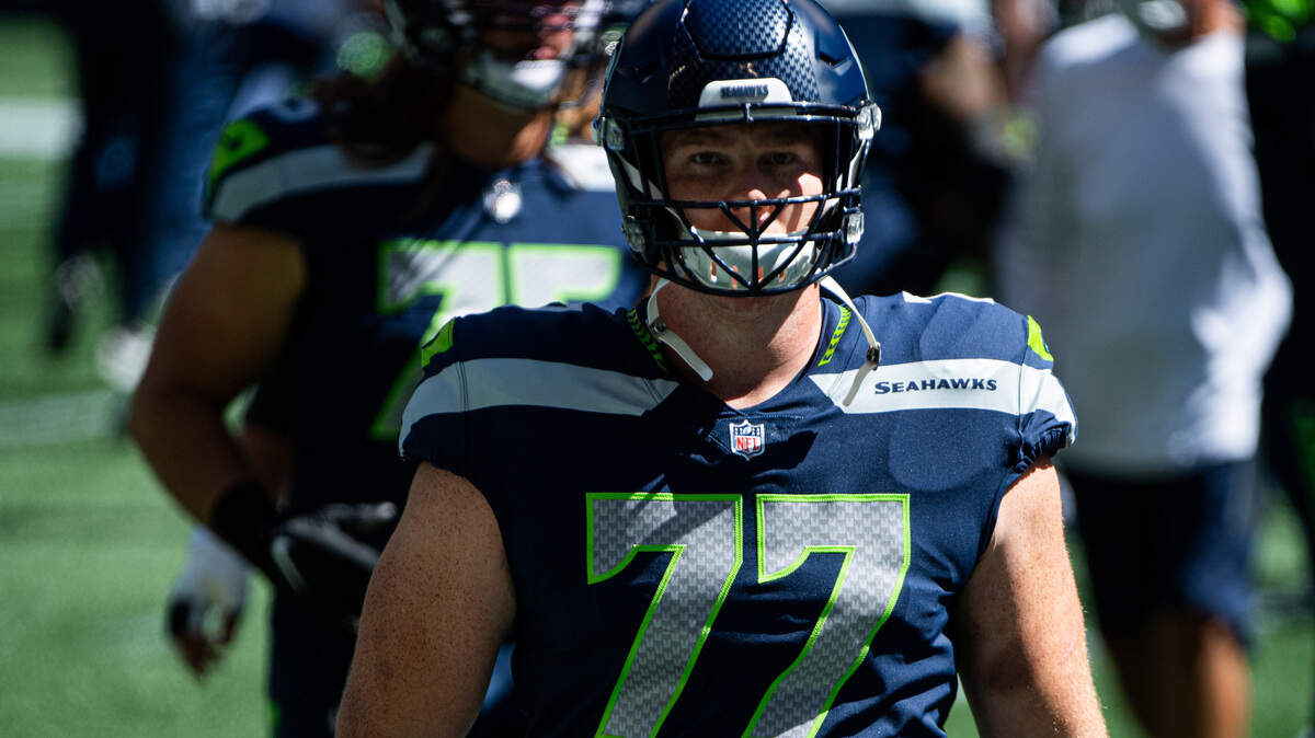 Ethan Pocic before the game. The Seattle Seahawks played a mock game at CenturyLink Field in Seattle, Wash., on Wednesday, Aug. 26, 2020.
