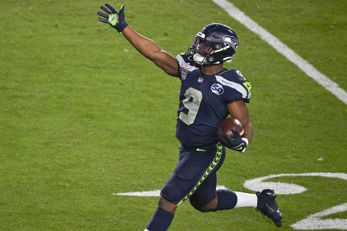 Seattle Seahawks running back Kenneth Walker III (9) runs the ball during Super Bowl LX at Levi’s Stadium in Santa Clara on Sunday, Feb. 8, 2026.