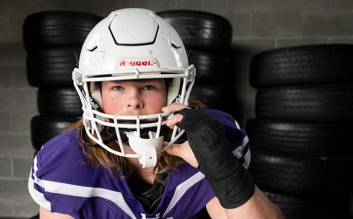 The News Tribune 2024 All-Area first-team offensive line selection Luke Richardson, Sumner, poses for a portrait at Mount Tahoma High School, on Sunday, Dec. 8, 2024, in Tacoma, Wash.