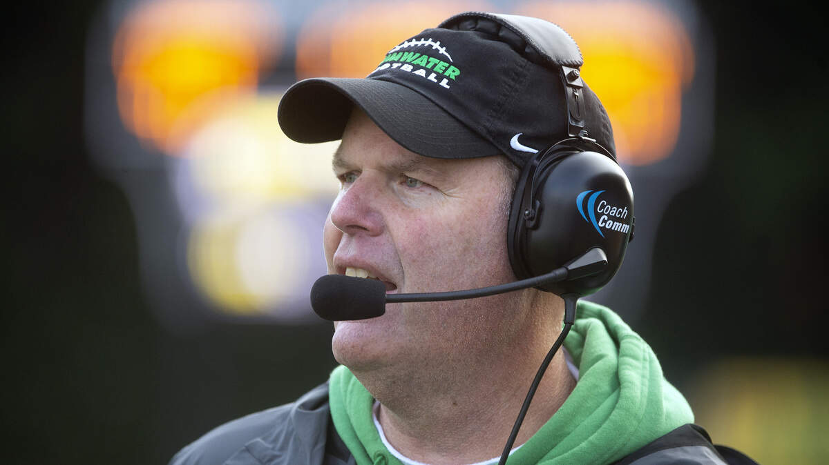 Tumwater head coach Bill Beattie directs the T-Birds from the sidelines during Saturday’s 2A state quarterfinal football game against Archbishop Murphy at Tumwater District Stadium on Nov. 23, 2019.