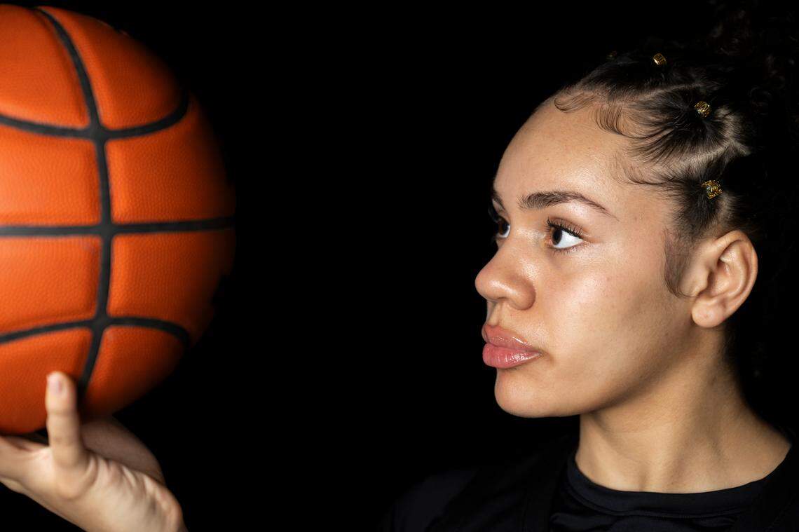 Sumner junior Olivia Collins, The News Tribune’s 2025 All-Area girls basketball player of the year, poses for a portrait at Sumner High School, on Sunday, March 23, 2025, in Sumner.