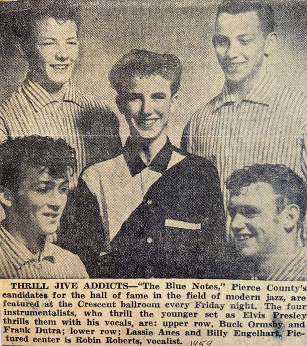 A 1959 newspaper clipping featuring the original Blue Notes. Pictured clockwise from the left lower corner: Lassie Anes, Buck Ormsby, Robin Roberts, Frank Dutra and Bill Engelhart.