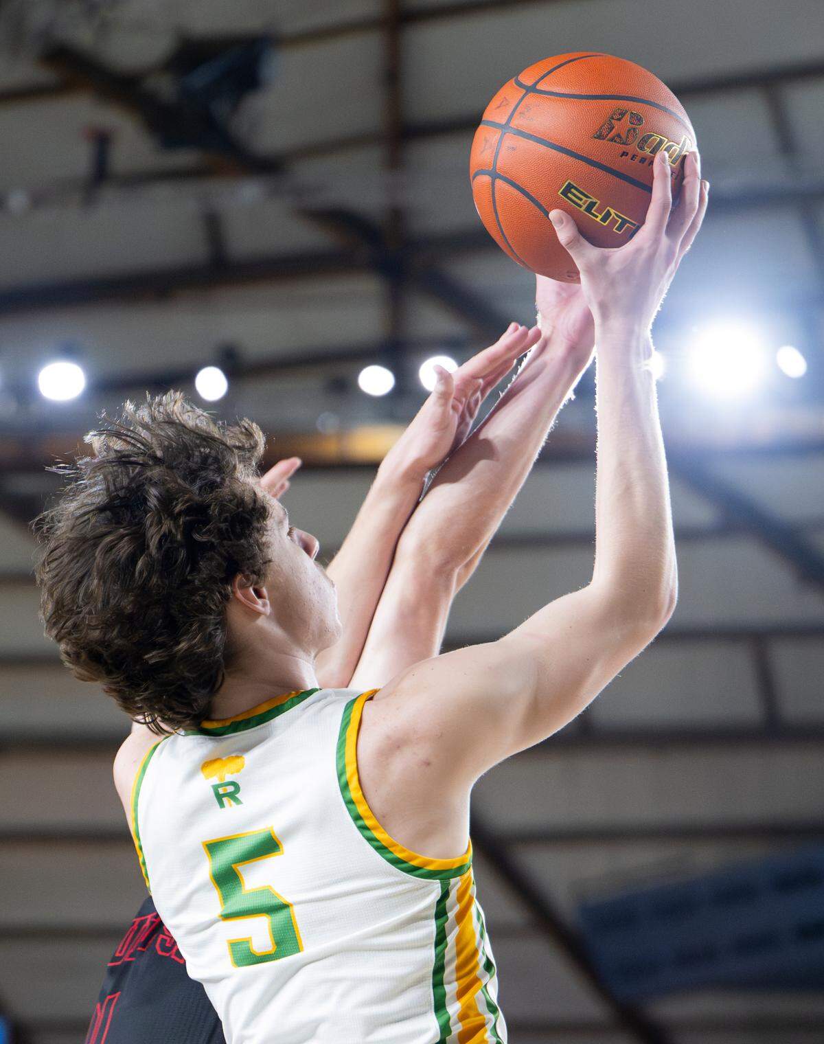 Richland’s Jack Forbes (5) shoots the ball during the first half of the Class 4A state championship game against Mount Si at the Tacoma Dome, on Saturday, March 2, 2024, in Tacoma, Wash.