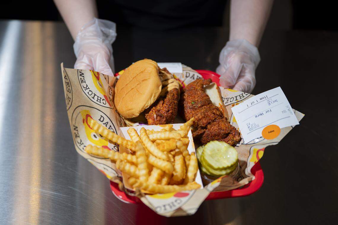 A slider and tender combo from the new Dave’s Hot Chicken in The Village at Tacoma Mall, on Wednesday, Jan. 21, 2026, in Tacoma, Wash.