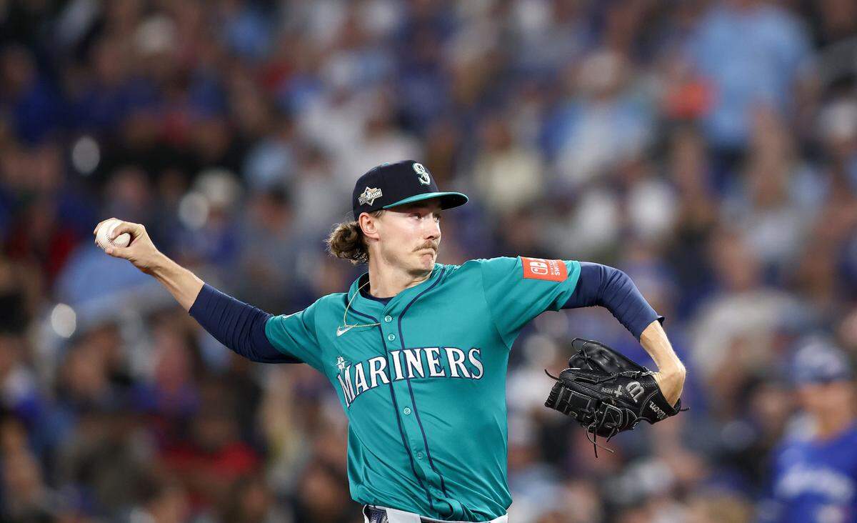 TORONTO, ONTARIO - OCTOBER 12: Bryce Miller #50 of the Seattle Mariners pitches against the Toronto Blue Jays during the third inning in game one of the American League Championship Series at Rogers Centre on October 12, 2025 in Toronto, Ontario. (Photo by Cole Burston/Getty Images)