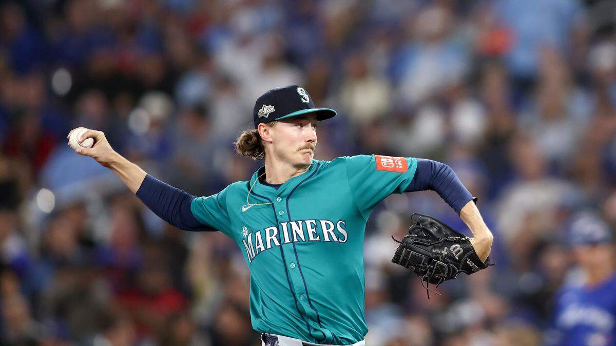 TORONTO, ONTARIO - OCTOBER 12: Bryce Miller #50 of the Seattle Mariners pitches against the Toronto Blue Jays during the third inning in game one of the American League Championship Series at Rogers Centre on October 12, 2025 in Toronto, Ontario. (Photo by Cole Burston/Getty Images)