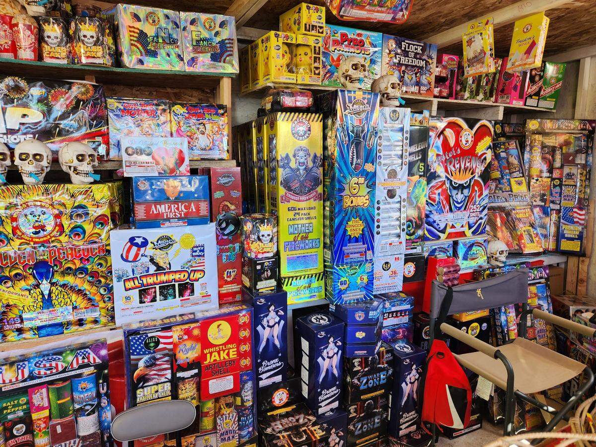 An array of fireworks are displayed inside a vendor’s booth at Firecracker Alley in Tacoma on June 29, 2023.