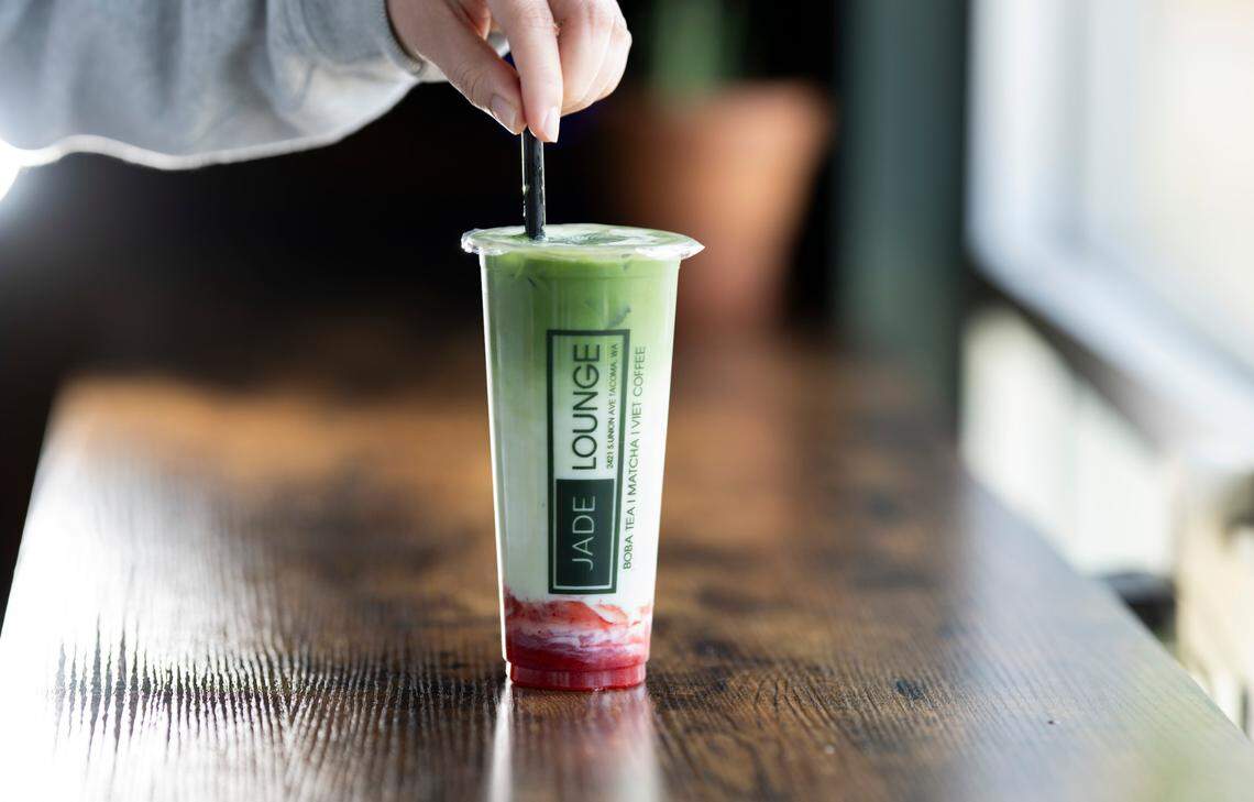 Jade offers way more than classic boba and milk tea. The menu also features an array of tea-infused lemonades, Vietnamese coffee and matcha drinks, like this triple-layered matcha with house-blended strawberry puree.