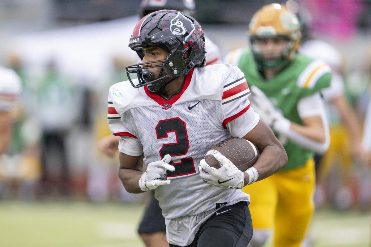 Franklin Pierce running back Bryson Allen (2) carries the ball in a game against Tumwater on Saturday, Nov. 22, 2025, in Tumwater.