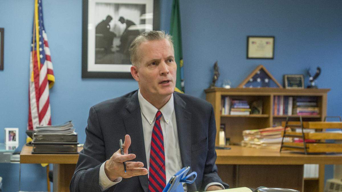 Pierce County Prosecutor Mark Lindquist is shown in his office in Tacoma, March 11, 2016.