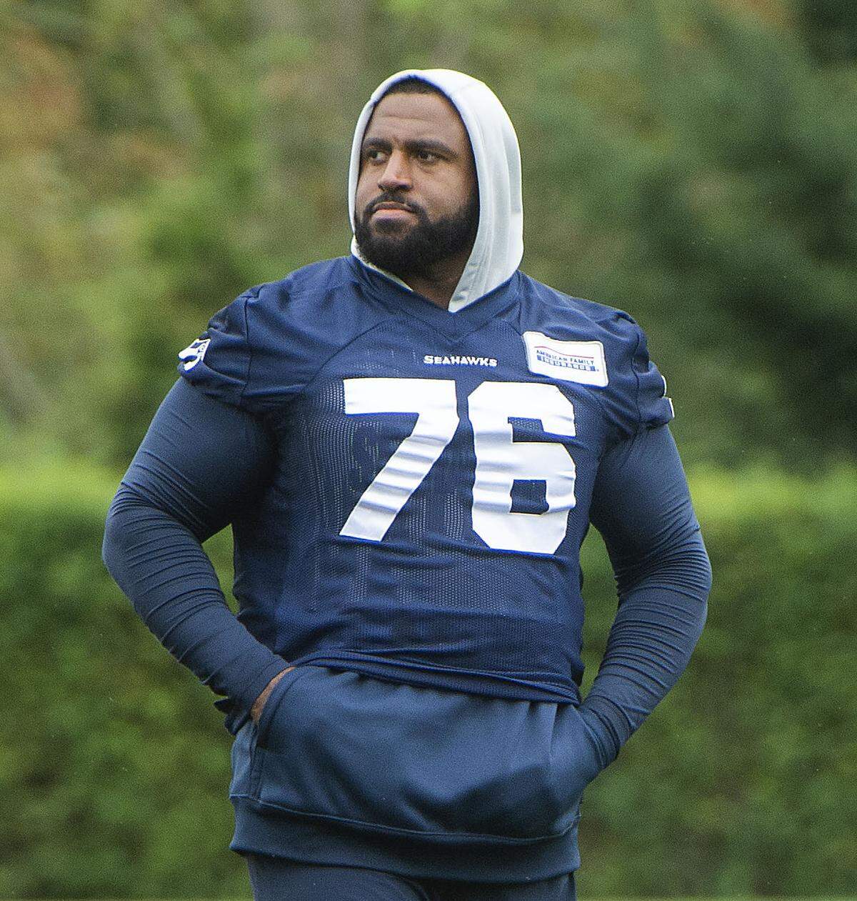 Seahawks tackle Duane Brown appeared for the first time without a mask at training camp Saturday, July 30, 2021 at the VMAC in Renton.