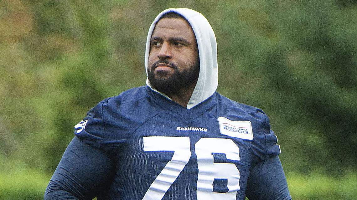 Seahawks tackle Duane Brown appeared for the first time without a mask at training camp Saturday, July 30, 2021 at the VMAC in Renton.