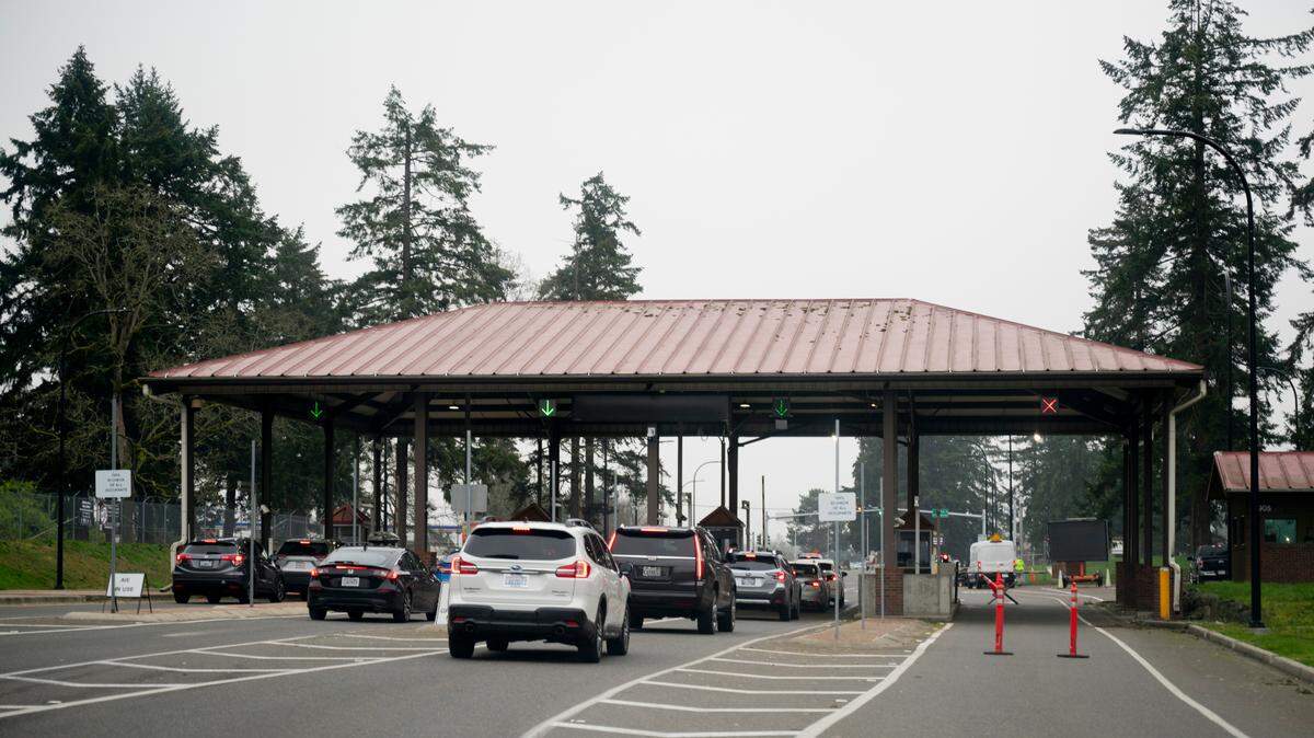 Lewis Main Gate, on Wednesday, Jan. 15, 2025, at Joint Base Lewis-McChord, Washington.