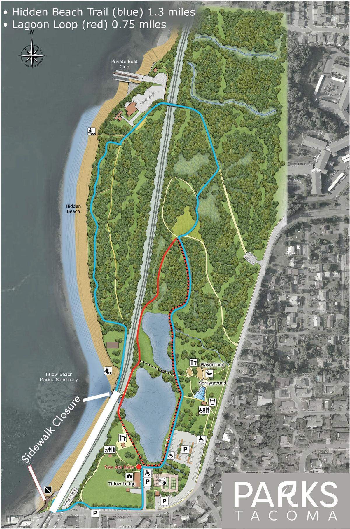 The walkway along the water at Titlow Beach in Tacoma (indicated in white on the map) will be closed from 7 a.m. to 6 p.m. March 17-21, according to Parks Tacoma.