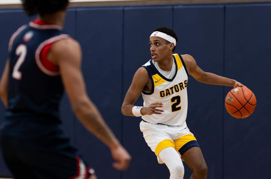 Annie Wright’s Jeremiah Harshman (2) dribbles to the perimeter during the first half of the boy’s basketball game against Life Christian at Annie Wright School, on Thursday, Jan. 23, 2025, in Tacoma Wash.
