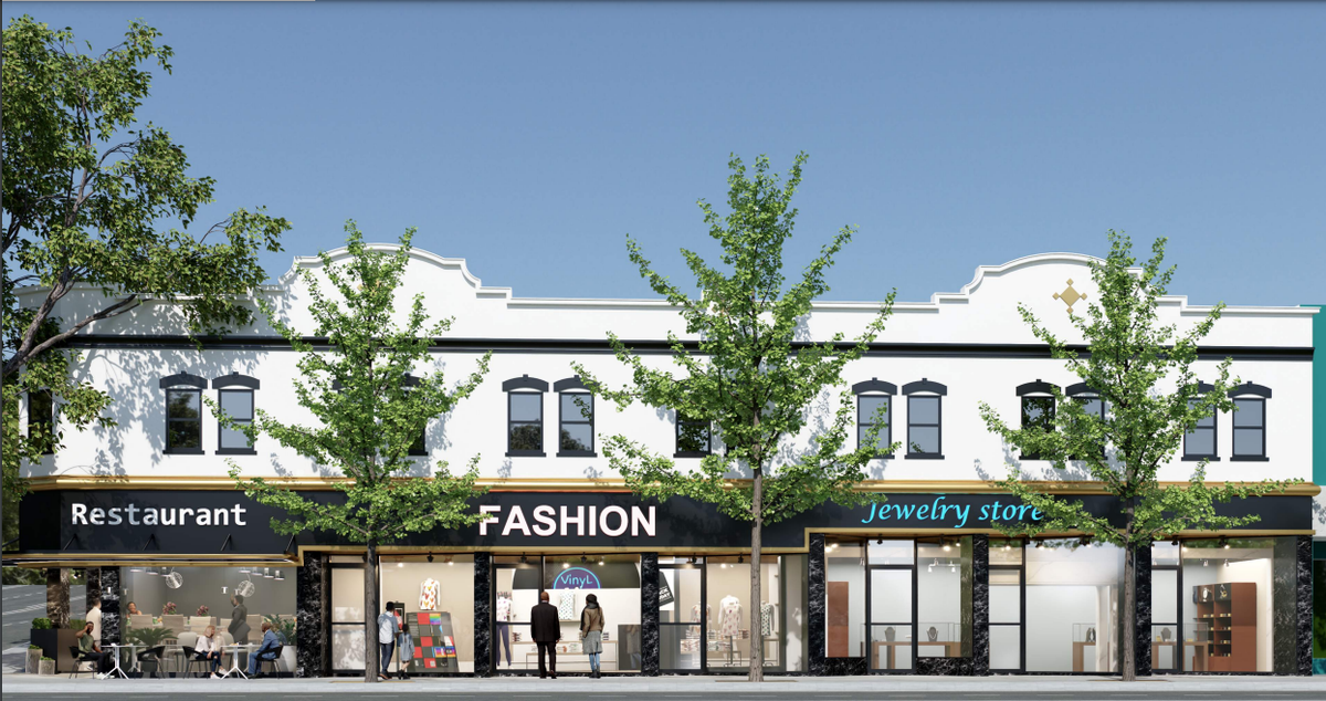 A rendering of a proposed mixed-use redevelopment project on St. Helens Avenue in downtown Tacoma depicts new businesses like a restaurant, clothing store and jewelry store in an area where storefronts are currently boarded up.
